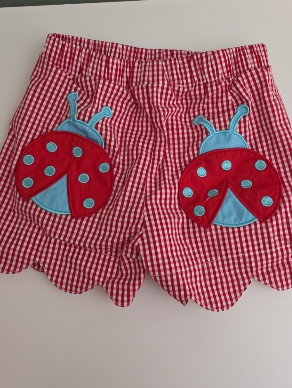 The Yellow Lamb 4 4t Red Gingham Scallop Hem Shorts with Blue Ladybug Appliques